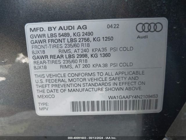 WA1GAAFY4N2109453 Audi Q5 Premium 45 Tfsi S Line Quattro S Tronic