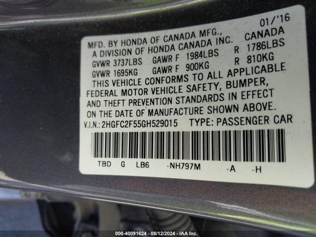 Honda Civic Lx 2016 2HGFC2F55GH529015 Image 9