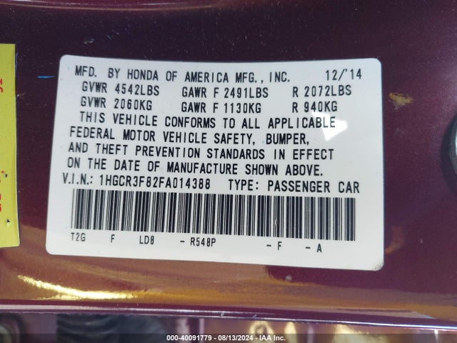 Honda Accord Ex-l V-6 2015 1HGCR3F82FA014388 Image 9