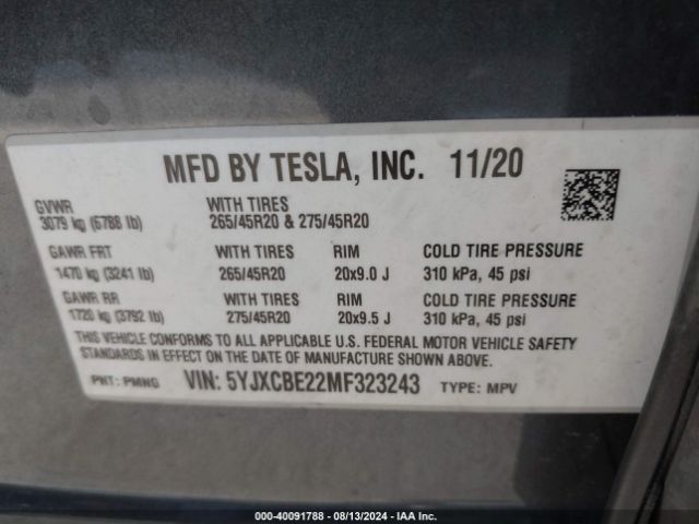 5YJXCBE22MF323243 Tesla Model X Long Range Dual Motor All-wheel Drive/long Range Plus Dual Motor All-wheel Drive