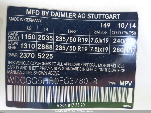 WDCGG5HB0FG378018 Mercedes-Benz GLK 350