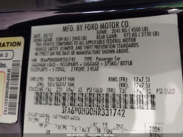 Ford FUSION SE 2017 3FA6P0HD0HR331742 Image 9