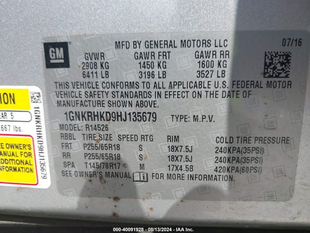 Chevrolet Traverse 2lt 2017 1GNKRHKD9HJ135679 Image 9