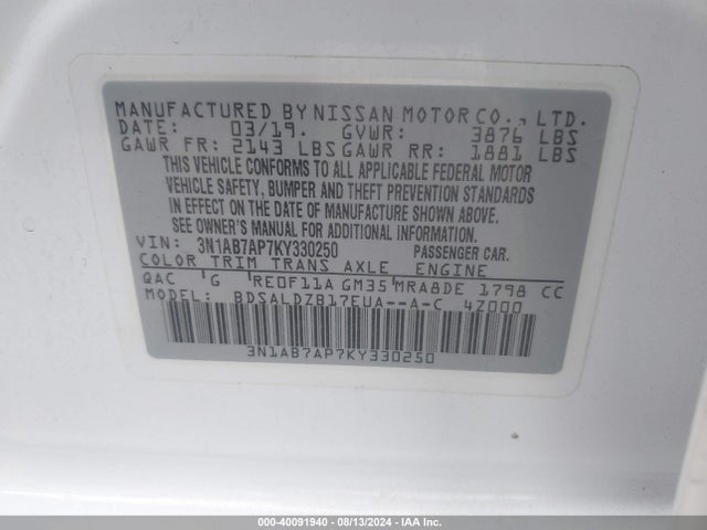 Nissan SENTRA SV 2019 3N1AB7AP7KY330250 Image 9