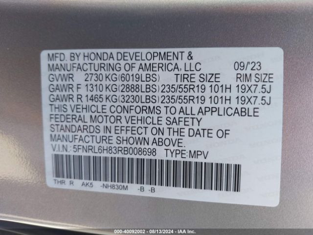 5FNRL6H83RB008698 Honda Odyssey Touring
