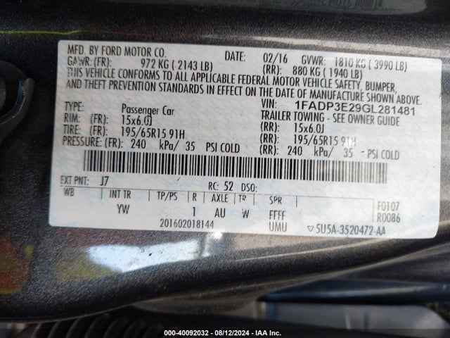Ford FOCUS S 2016 1FADP3E29GL281481 Image 9