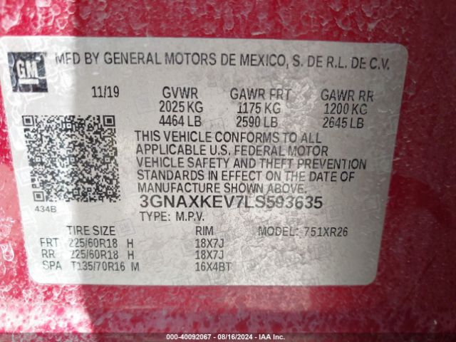 3GNAXKEV7LS593635 Chevrolet Equinox Fwd Lt 1.5l Turbo