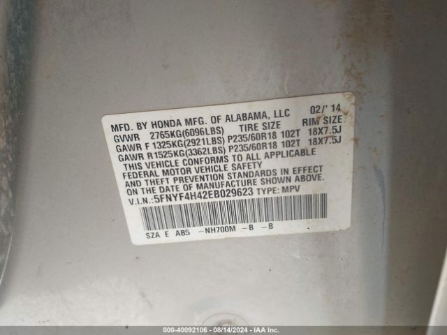 5FNYF4H42EB029623 Honda Pilot Ex