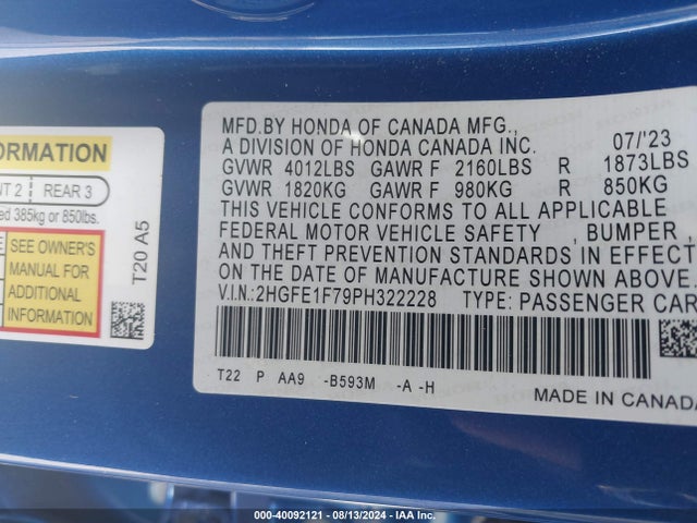 Honda Civic Ex /ex W/o Bsi 2023 2HGFE1F79PH322228 Image 9