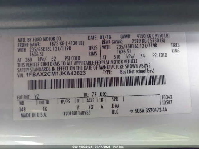 1FBAX2CM1JKA43623 Ford Transit-350 Xlt