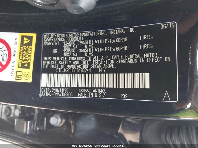 Toyota Highlander Xle V6 2015 5TDJKRFH5FS183241 Image 9