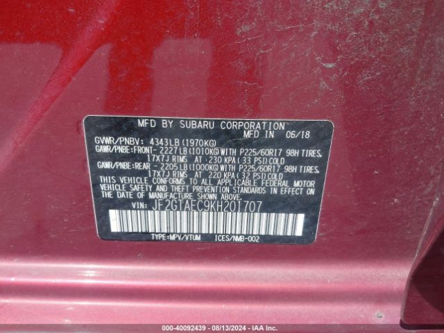 JF2GTAEC9KH201707 Subaru Crosstrek 2.0i Premium