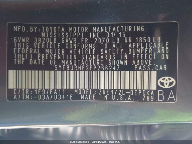 Toyota COROLLA L 2015 5YFBURHE2FP266247 Image 9