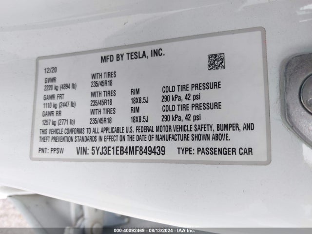 2021 TESLA MODEL 3 5YJ3E1EB4MF849439 Photo 8