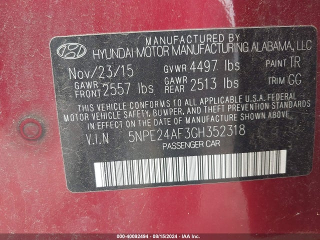Hyundai SONATA SE 2016 5NPE24AF3GH352318 Image 9