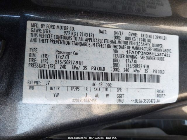 1FADP3M26HL257433 Ford FOCUS SEL