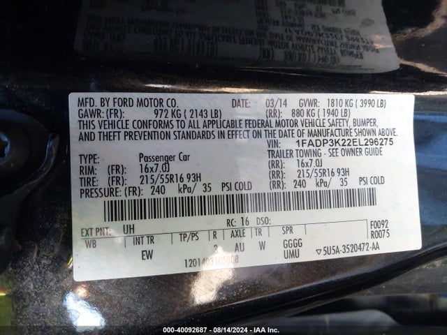 Ford FOCUS SE 2014 1FADP3K22EL296275 Image 9