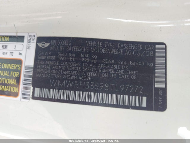 2008 MINI COOPER S WMWRH33598TL97272 Photo 8