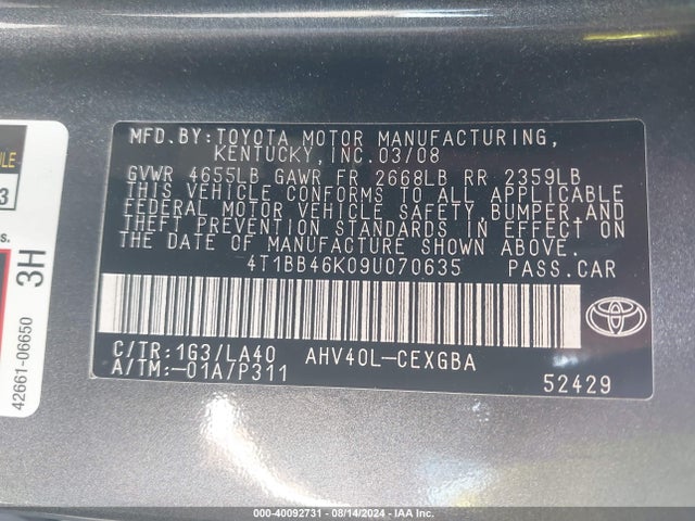 2009 Toyota Camry Hybrid მანქანა იყიდება აუქციონზე, vin: 4T1BB46K09U070635, აუქციონის ნომერი: 40092731