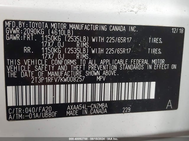 Toyota Rav4 Xle 2019 2T3P1RFV7KW008257 Image 9