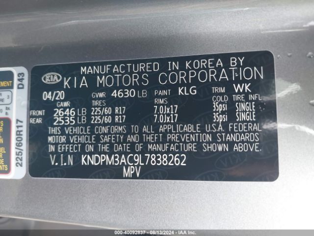 KNDPM3AC9L7838262 KIA Sportage Lx