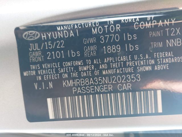 KMHRB8A35NU202353 Hyundai Venue Se