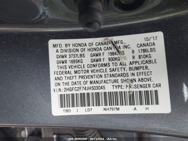 Honda CIVIC EX 2018 2HGFC2F74JH503045 Image 9