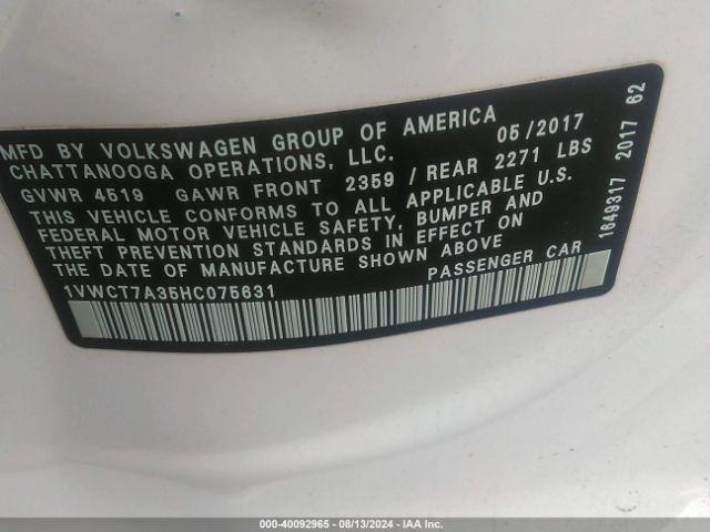 1VWCT7A35HC075631 Volkswagen Passat 1.8t Sel Premium