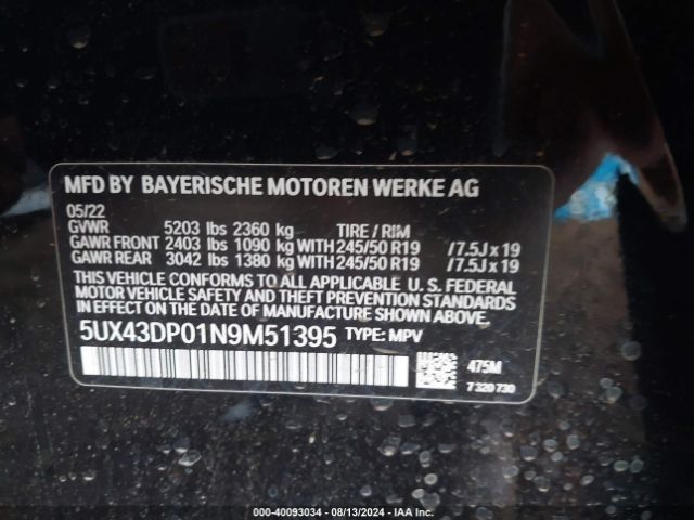 5UX43DP01N9M51395 BMW X3 Sdrive30i
