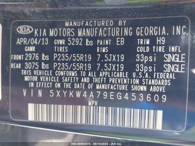 5XYKW4A79EG453609 KIA SORENTO SX