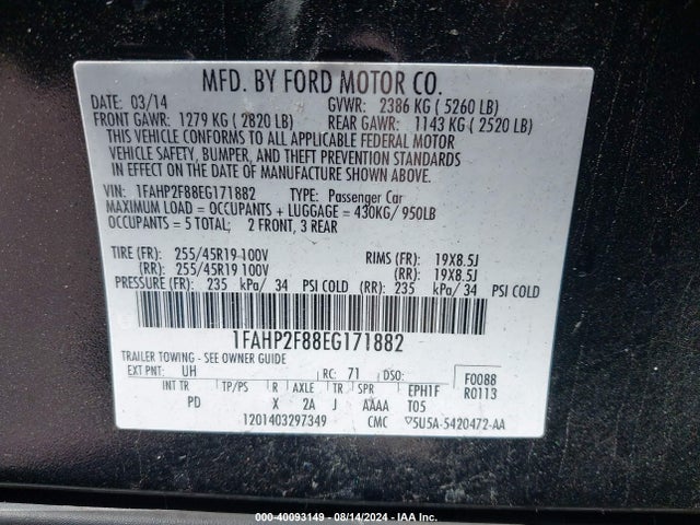 Ford Taurus Limited 2014 1FAHP2F88EG171882 Image 9