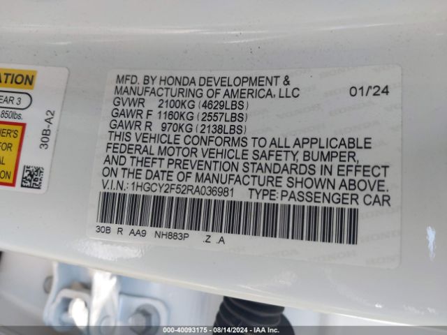 1HGCY2F52RA036981 Honda Accord Hybrid Sport