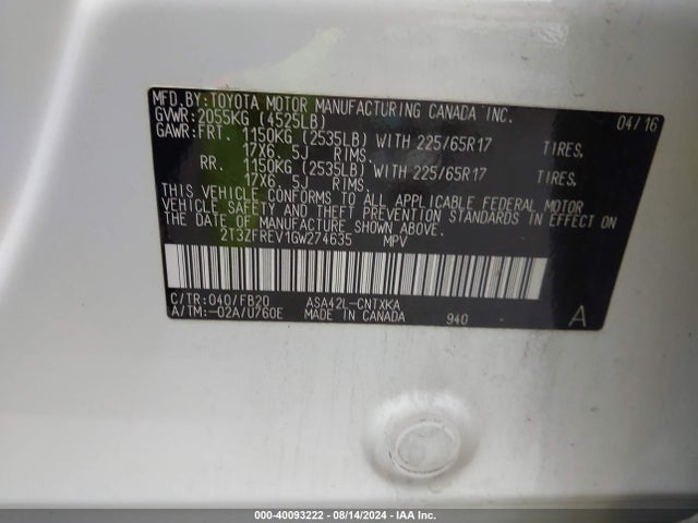 Toyota RAV4 LE 2016 2T3ZFREV1GW274635 Image 9