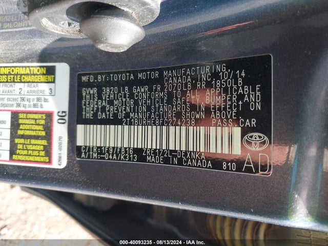 Toyota COROLLA LE 2015 2T1BURHE8FC274238 Image 9