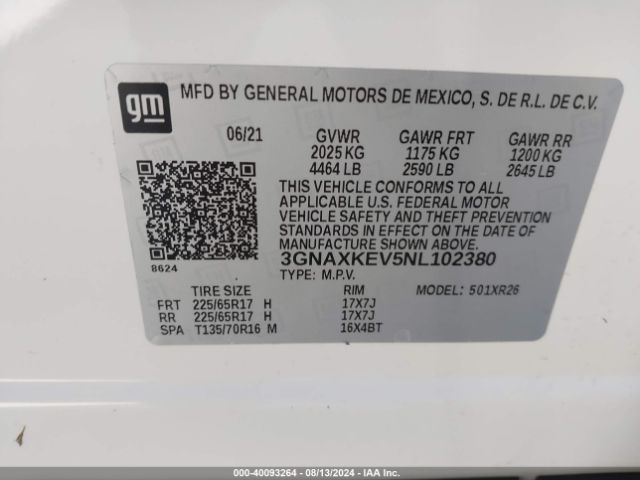 3GNAXKEV5NL102380 Chevrolet Equinox Fwd Lt