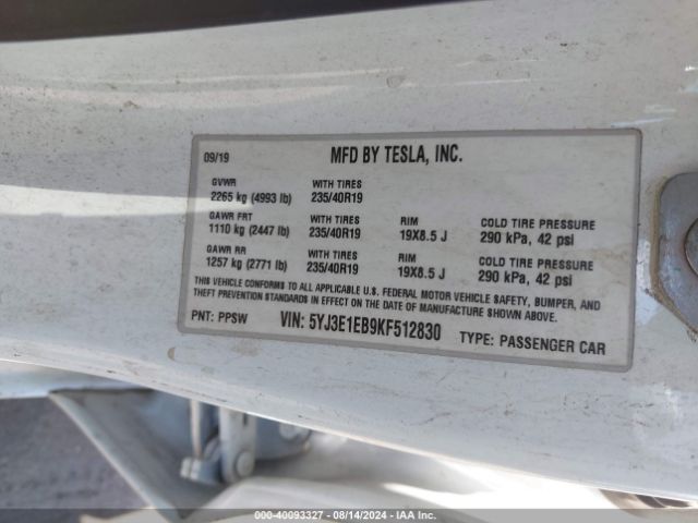 5YJ3E1EB9KF512830 Tesla Model 3 Long Range/performance
