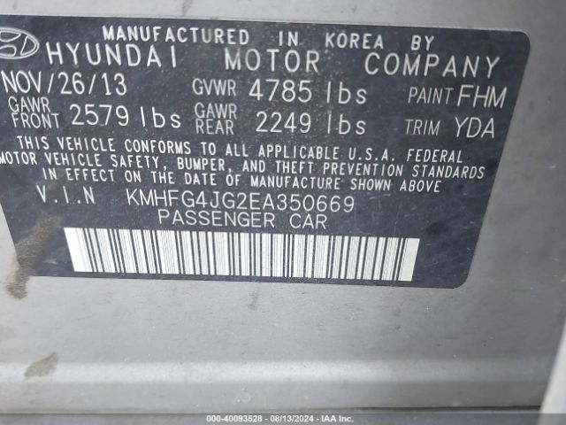 KMHFG4JG2EA350669 Hyundai Azera