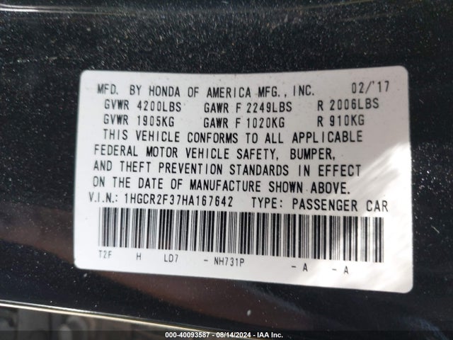 Honda ACCORD LX 2017 1HGCR2F37HA167642 Image 9