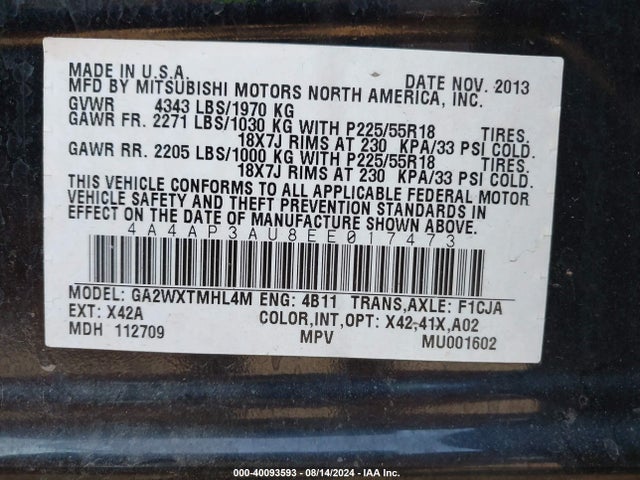 4A4AP3AU8EE017473 Mitsubishi Outlander Sport Es