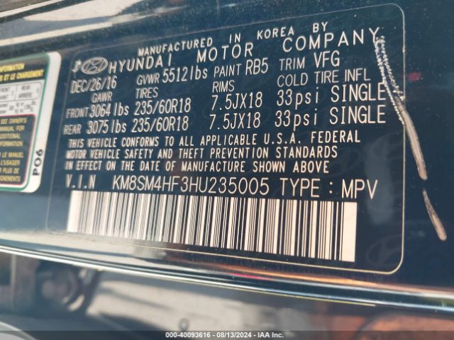 KM8SM4HF3HU235005 Hyundai Santa Fe Se