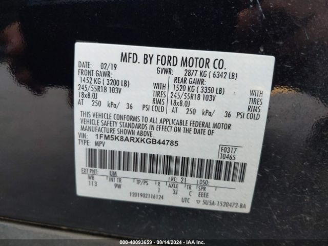 1FM5K8ARXKGB44785 Ford Police Interceptor Utility