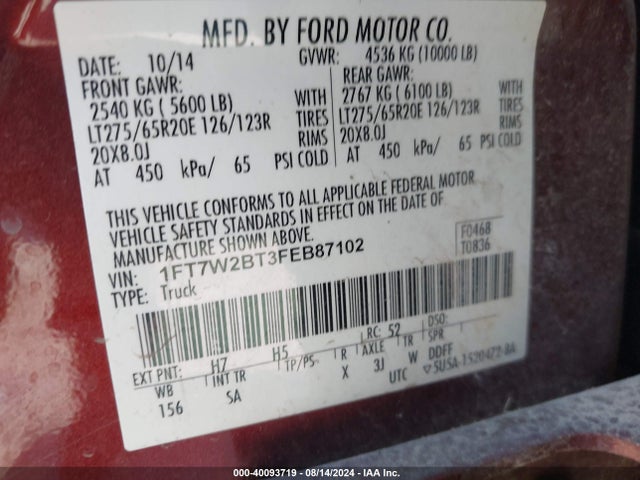 Ford F-250 Lariat 2015 1FT7W2BT3FEB87102 Image 9