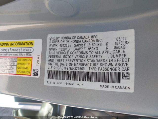 2HGFE1F97NH321660 Honda Civic Touring