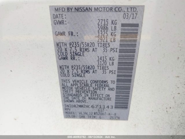 5N1DR2MM2HC671143 Nissan Pathfinder Platinum