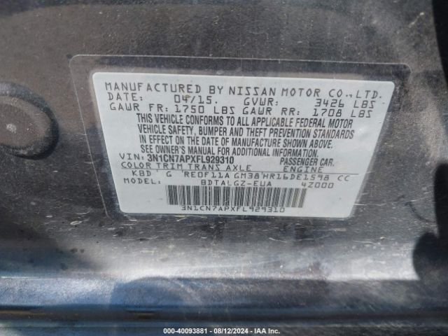 3N1CN7APXFL929310 Nissan Versa 1.6 Sl