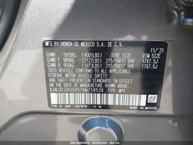3CZRU5H57NM718538 Honda Hr-v 2wd Ex