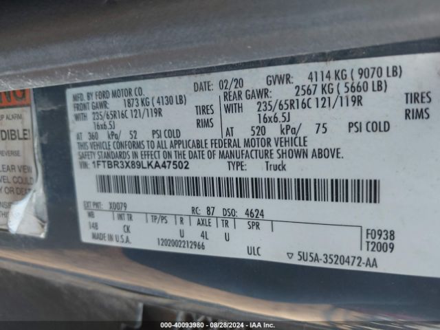 1FTBR3X89LKA47502 Ford Transit-250 Cargo Van
