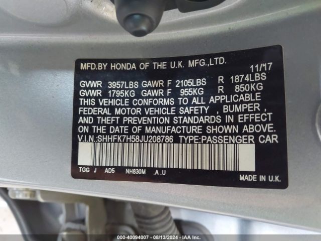 SHHFK7H58JU208786 Honda CIVIC EX