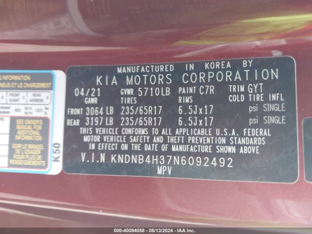 KNDNB4H37N6092492 KIA Carnival Mpv Lx Seat Package
