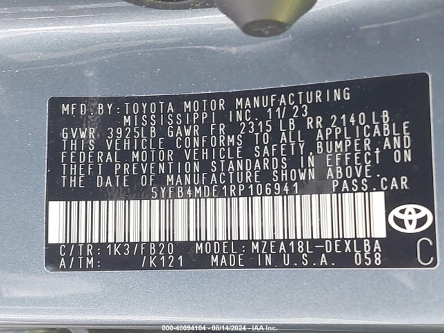 Toyota COROLLA LE 2024 5YFB4MDE1RP106941 Image 9